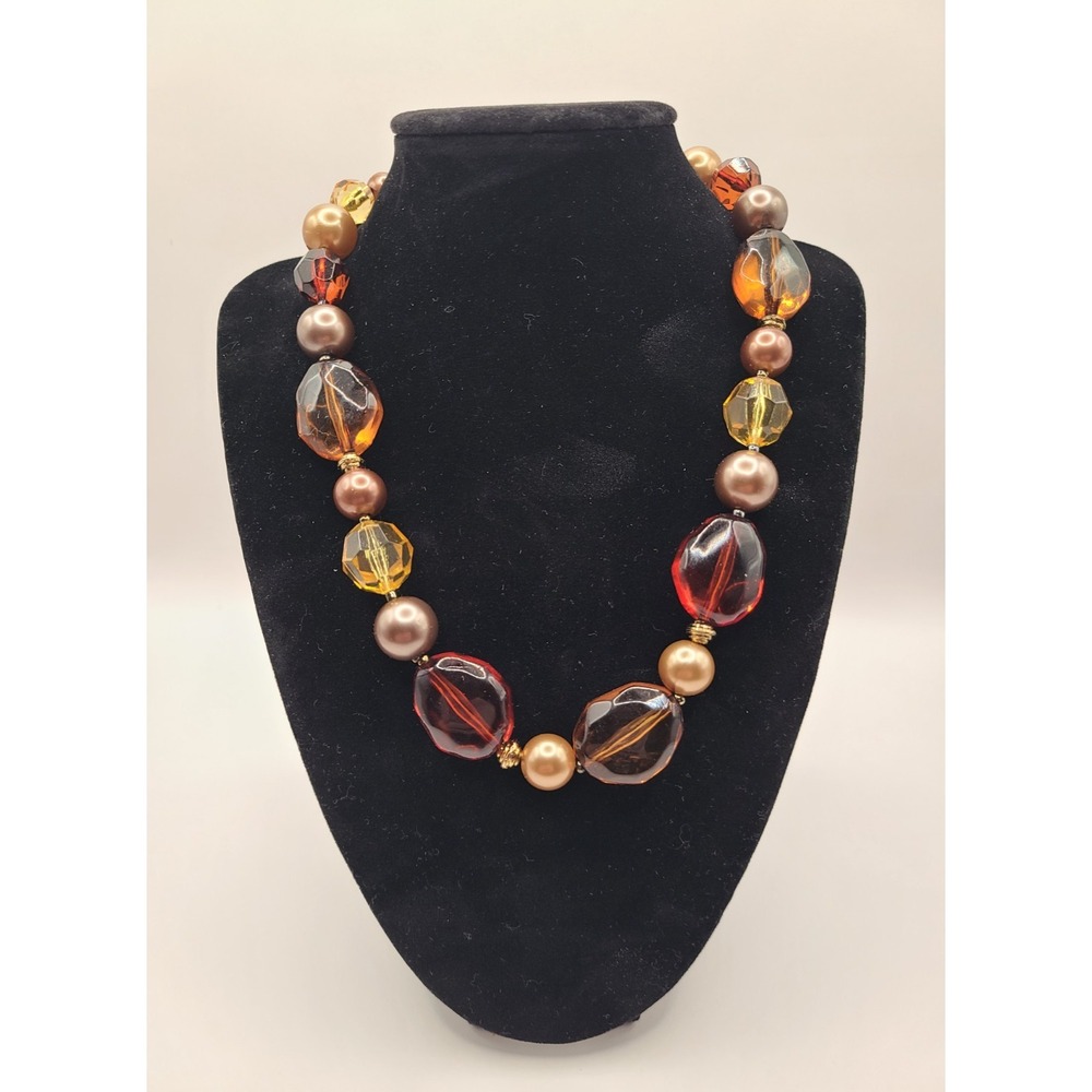 Vintage Faceted Bead Necklace Red Amber & Gold Tones Bold Statement 20"
